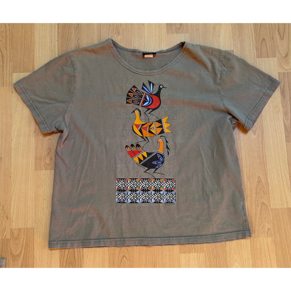 Sabaku Artwear Bird Totem Graphic Tee Olive Green USA Cotton Tucson Folk Art
